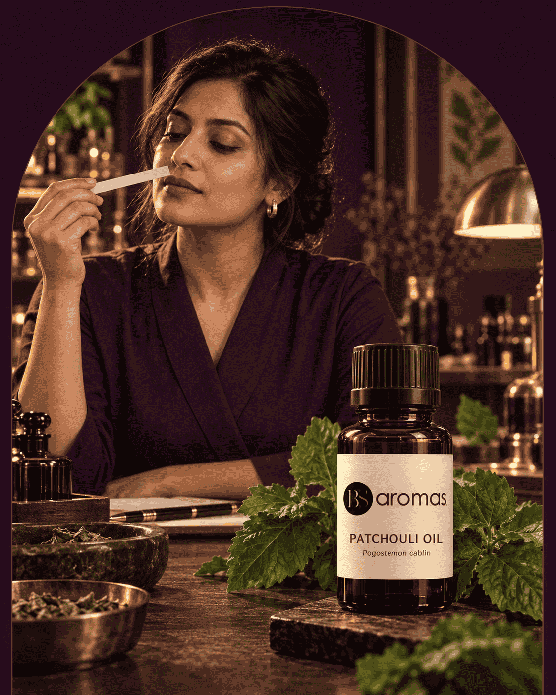 Professional evaluating BS Aromas Patchouli Essential Oil
